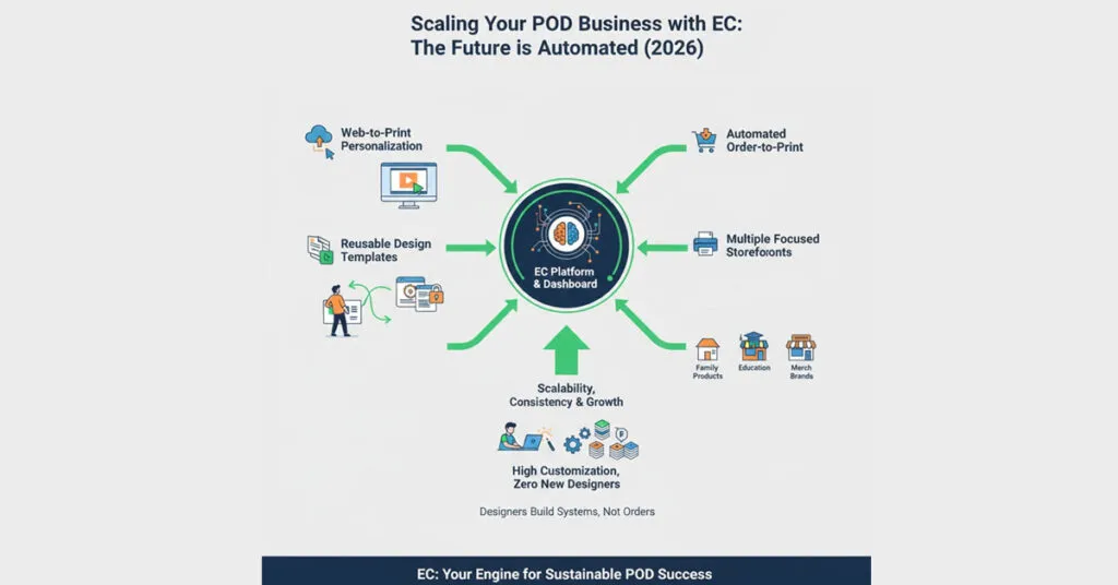 EzyCreate print on demand platform dashboard showing automated web-to-print personalization, scalable workflows, and business growth in 2026